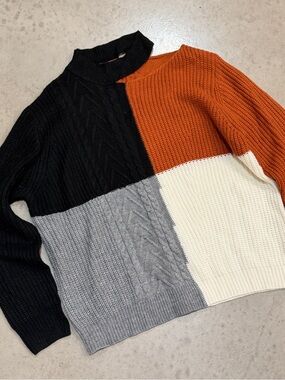 Main Strip Colorblock Turtleneck Sweater in Black, Orange, Gray & Cream